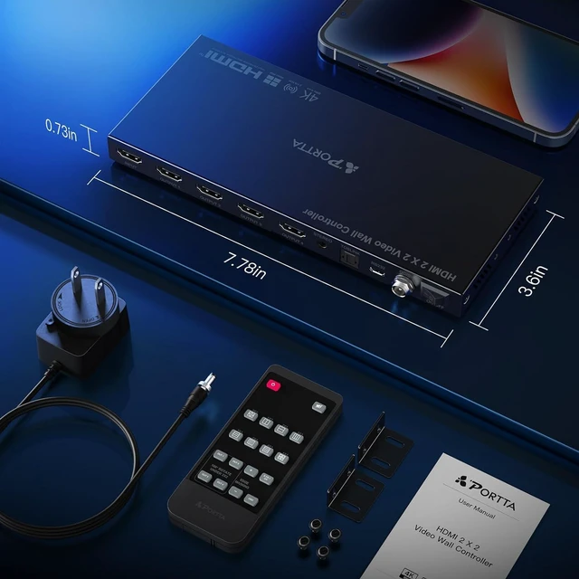 Alt view image 7 of 7 - PORTTA HDMl Video Wall Controller 2x2 4K, Video Wall Processor with 11 Splicing Modes, RS232, 180° Rotate, Audio Extractor, 2x2,1x2,1x3,1x4,2x1,3x1x4x1, 4 tv Screens into 1 wall Display