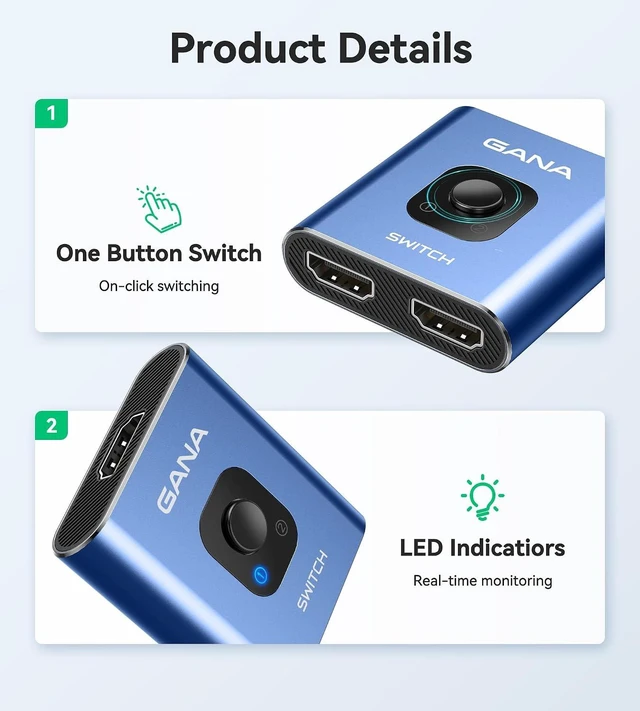 Alt view image 7 of 7 - HDMI Switch 4k@60hz Splitter, GANA Aluminum Bidirectional HDMI Switcher 2 in 1 Out, Manual HDMI Hub Supports HD Compatible with Xbox PS5/4/3 Blu-Ray Player Fire Stick Roku
