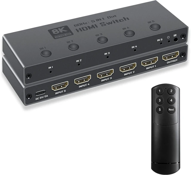 Main image of Enbuer 8K HDMI 2.1 Switch, HDMI 2.1 Switcher 5 in 1 Out Supports CEC 8K@60Hz, 4K@240Hz, 1080P@480Hz, HDCP 2.3 HDR 3D Dolby Atmos VRR Compatible with PS5 Xbox Blu-Ray Player with IR Remote Controller