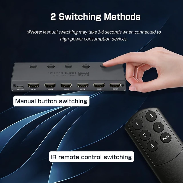 Alt view image 4 of 7 - Enbuer 8K HDMI 2.1 Switch, HDMI 2.1 Switcher 5 in 1 Out Supports CEC 8K@60Hz, 4K@240Hz, 1080P@480Hz, HDCP 2.3 HDR 3D Dolby Atmos VRR Compatible with PS5 Xbox Blu-Ray Player with IR Remote Controller