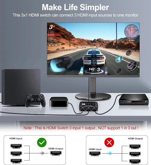 Alt view image 4 of 7 - HDMI 2.1 Switch 3 in 1 Out, 4K@120Hz 8K@60Hz, Aluminum,48Gbps w/HDMI Cable