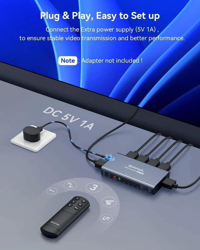 Alt view image 6 of 7 - HDMI Switch 5 in 1 Out 4K@60Hz, GANA HDMI Splitter Switcher with Remote, Aluminum HDMI 2.0 Switch Box Hub for 3D, HDCP2.2, HDR, Compatible with Xbox, PS5/4/3,Fire Stick,Roku,Blu-Ray Player, Grey