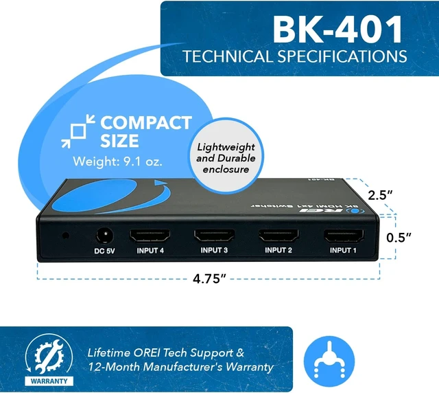 Alt view image 4 of 7 - OREI 8K 4-Port HDMI 2.1 Switch, 8K@60Hz,4-in 1-Out 4K@120Hz, Auto Switch