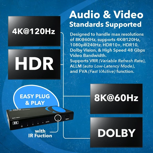 Alt view image 6 of 7 - OREI 8K 4-Port HDMI 2.1 Switch, 8K@60Hz,4-in 1-Out 4K@120Hz, Auto Switch