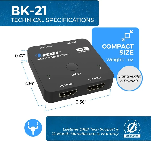 Alt view image 6 of 7 - OREI 8K 2-Port HDMI 2.1 Switch, 8K@60Hz, 4K@120Hz, Auto and Manual Switch
