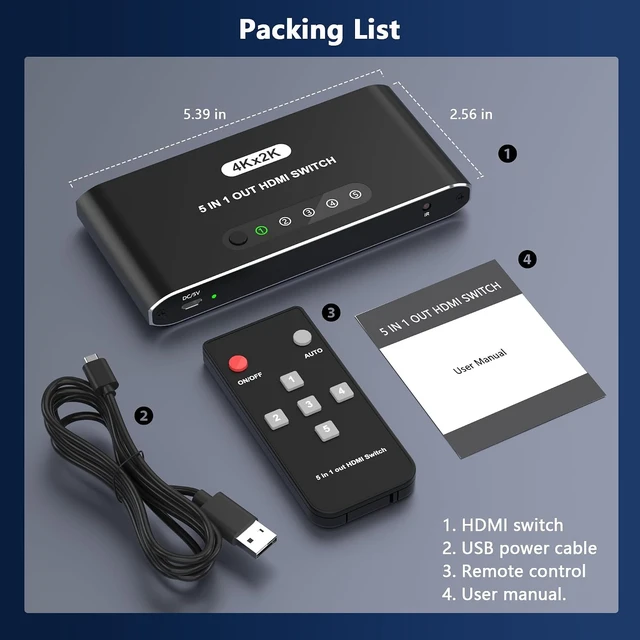 Alt view image 5 of 7 - 5 in 1 HDMI Switch with Remote 4K, 5 Port HDMI Switcher, HDMI Selector Splitter Box with LED Indicators, Game Switcher Hub with USB Powered for PS5 Xbox Fire Stick Roku TV Monitor