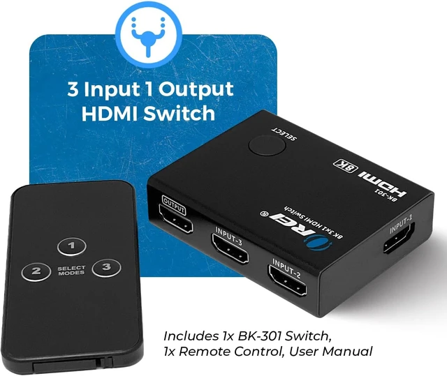 Alt view image 2 of 7 - OREI 8K 3-Port HDMI 2.1 Switch, 3-in 1-Out, 8K@60Hz, CEC, HDR, IR Remote