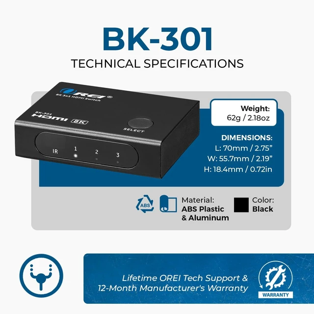 Alt view image 5 of 7 - OREI 8K 3-Port HDMI 2.1 Switch, 3-in 1-Out, 8K@60Hz, CEC, HDR, IR Remote