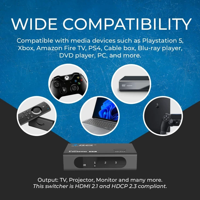 Alt view image 6 of 7 - OREI 8K 3-Port HDMI 2.1 Switch, 3-in 1-Out, 8K@60Hz, CEC, HDR, IR Remote