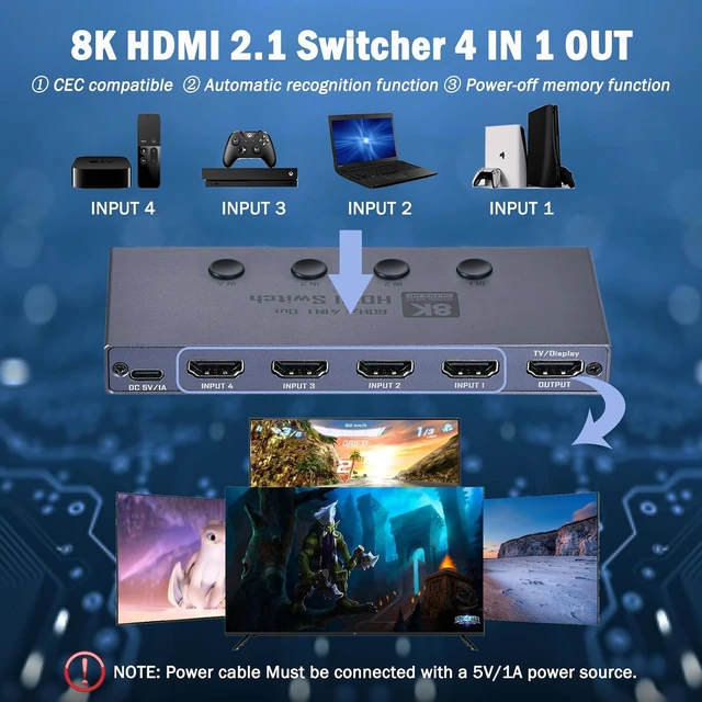 Alt view image 3 of 7 - 8K HDMI 2.1 Switch, HDMI 2.1 Switcher 4 in 1 Out Supports 8K@60Hz, 4K@120Hz, 1080P@240Hz, HDCP 2.3 CEC VRR ALLM HDR 10+ 3D Dolby Atmos Compatible with PS5 Xbox Blu-Ray Player etc