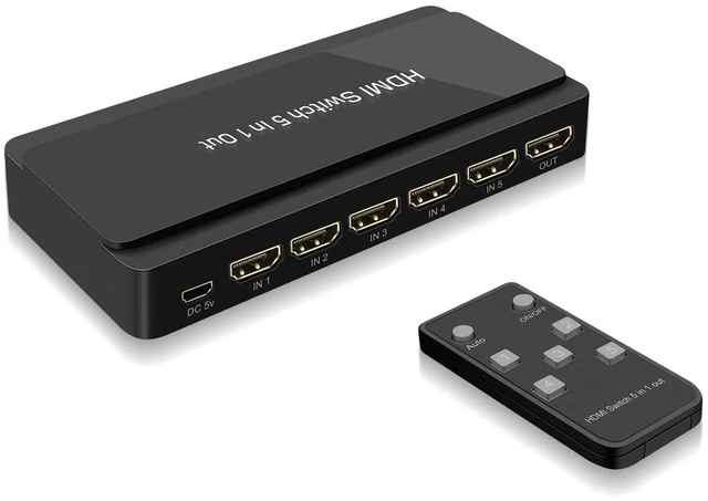 Main image of LVY HDMI Switch, 5 in-1 Out HDMI Selector Box with IR Remote Control Support 4k * 2k Ultra HD and 3D with IR Remote HDCP 1.4 for Xbox, PS4/PS5, Fire Stick, Roku, Apple TV, Blu-ray Player etc.