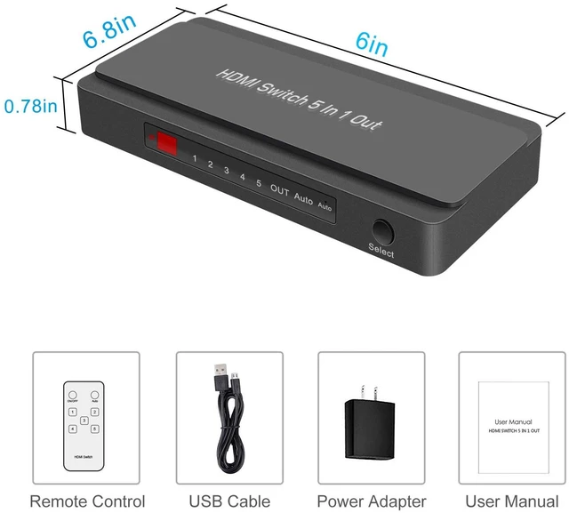 Alt view image 6 of 6 - LVY HDMI Switch, 5 in-1 Out HDMI Selector Box with IR Remote Control Support 4k * 2k Ultra HD and 3D with IR Remote HDCP 1.4 for Xbox, PS4/PS5, Fire Stick, Roku, Apple TV, Blu-ray Player etc.