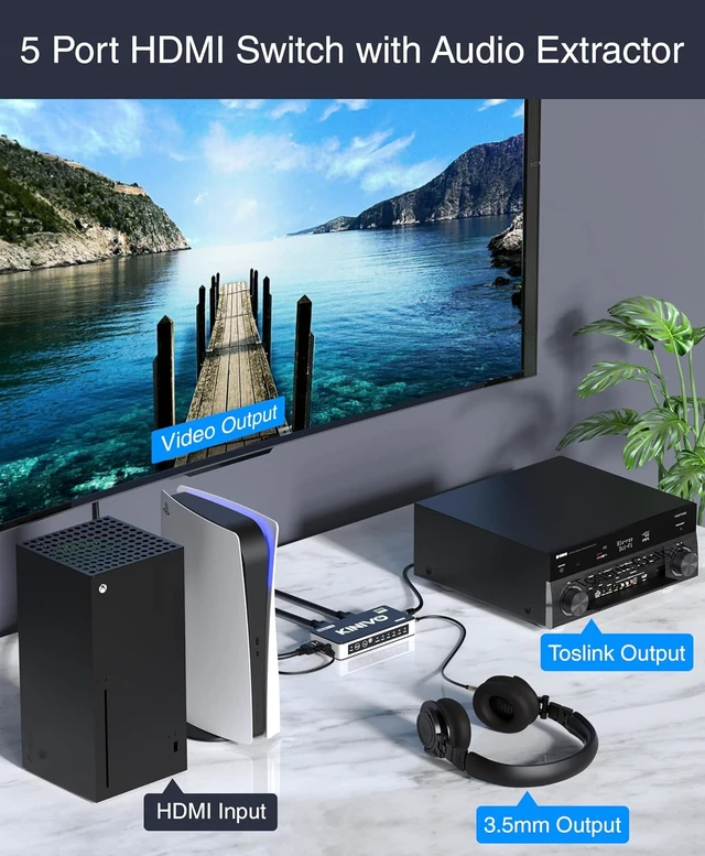 Alt view image 2 of 7 - Kinivo HDMI Switch with Audio Extractor 560BNT (5 in 1 Out Hub, Toslink Optical Audio Port, SPDIF, 4K 60Hz Switcher, 18Gbps, IR Remote) - Compatible with Gaming Console, Cable TV, PC, Dolby Digital