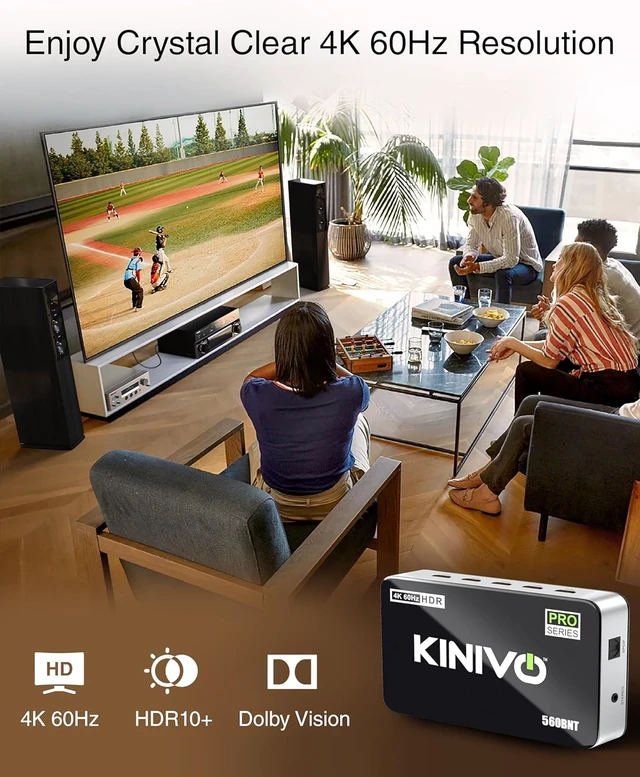 Alt view image 7 of 7 - Kinivo HDMI Switch with Audio Extractor 560BNT (5 in 1 Out Hub, Toslink Optical Audio Port, SPDIF, 4K 60Hz Switcher, 18Gbps, IR Remote) - Compatible with Gaming Console, Cable TV, PC, Dolby Digital