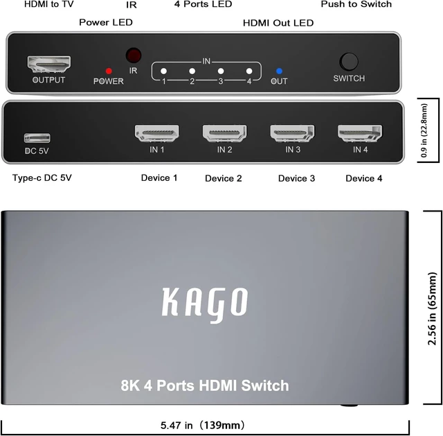 Alt view image 2 of 7 - KAGO 8K@60Hz HDMI 2.1 Switch 4 Port Selector Box with Remote