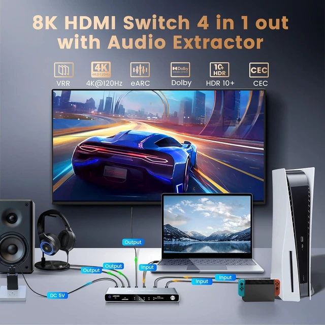Alt view image 2 of 7 - HDMI 2.1 eARC Switch 4 in 1 Out, 4K@120Hz 8K@60Hz Audio Extractor w/Remote