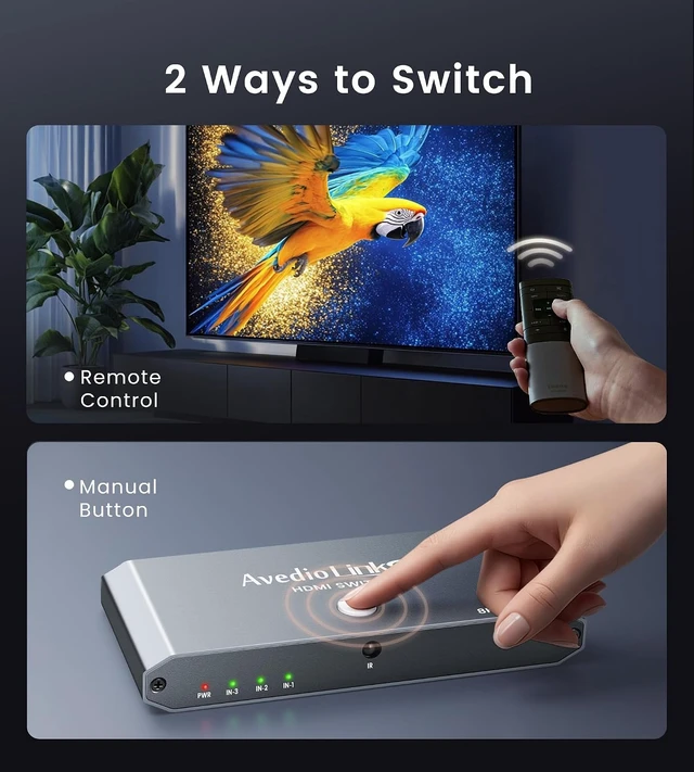 Alt view image 5 of 7 - 4K@120Hz HDMI 2.1 Switch 3 in 1 Out with HDMI Cable, 8K@60Hz, 48Gbps Remote