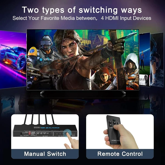 Alt view image 3 of 7 - HDMI 2.1 Switch 4K 120Hz 4 in 1 Out with Audio Extractor VRR ALLM HDCP2.3 ARC eARC HDR CEC SPDlF Optical and 3.5mm Audio,D-olby Atmos,Digital EDID for PS5 Xbox NVIDIA AMD