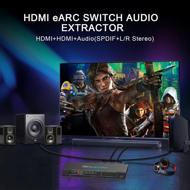 Alt view image 6 of 7 - HDMI 2.1 Switch 4K 120Hz 4 in 1 Out with Audio Extractor VRR ALLM HDCP2.3 ARC eARC HDR CEC SPDlF Optical and 3.5mm Audio,D-olby Atmos,Digital EDID for PS5 Xbox NVIDIA AMD