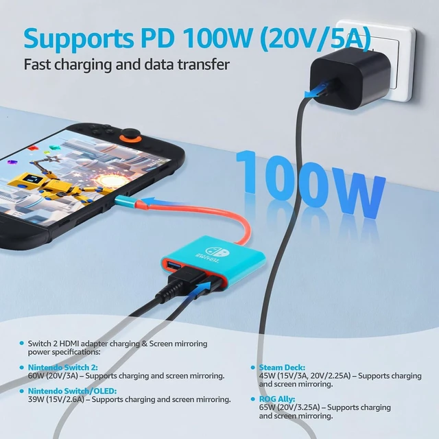 Alt view image 3 of 7 - Switch 2 Dock HDMI Adapter 4K@60Hz HDMI 2.0, 18 Gbps, USB 3.0, PD 100W USB C Charging, 3-in-1 Portable & Travel Mini TV Docking Station Compatible with Nintendo Switch 2/OLED/ 2017,Blue