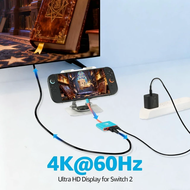 Alt view image 5 of 7 - Switch 2 Dock HDMI Adapter 4K@60Hz HDMI 2.0, 18 Gbps, USB 3.0, PD 100W USB C Charging, 3-in-1 Portable & Travel Mini TV Docking Station Compatible with Nintendo Switch 2/OLED/ 2017,Blue
