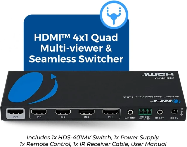 Alt view image 2 of 7 - OREI 4x1 Multiviewer Switch - 4K@30hz, Audio Extract, RS-232, IR, PIP, EDID