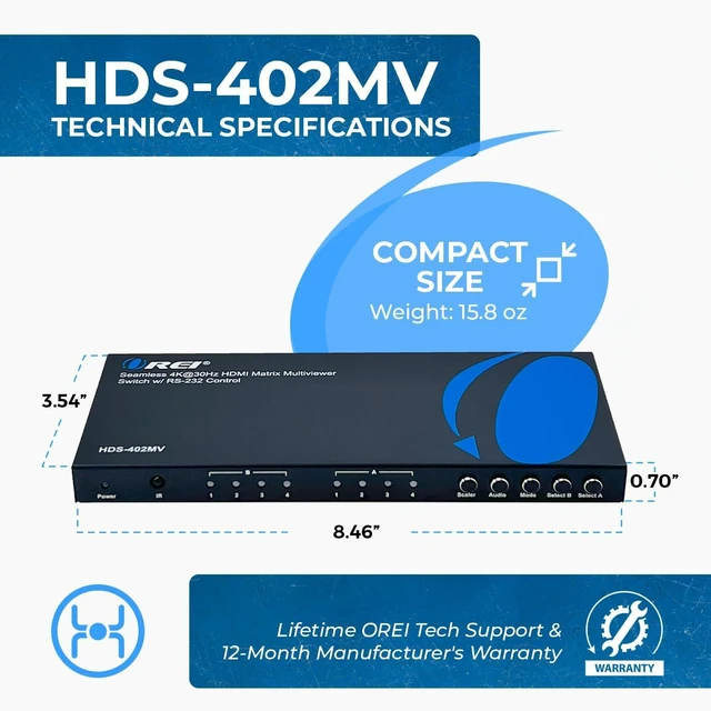 Alt view image 5 of 7 - OREI 4x2 Quad Multi HDMI Viewer 4K Downscale RS-232 IR 3.5mm/Analog OSD