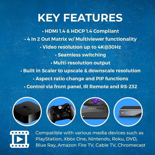 Alt view image 7 of 7 - OREI 4x2 Quad Multi HDMI Viewer 4K Downscale RS-232 IR 3.5mm/Analog OSD