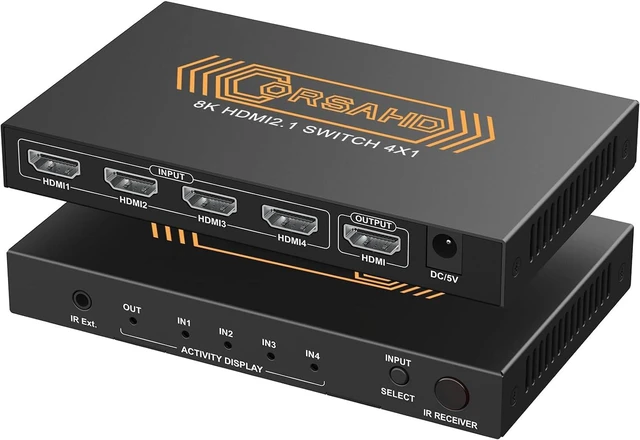 Main image of CORSAHD 8K@60Hz HDMI 2.1 Switch 4x1 4K 120Hz 48Gbps,HDCP 2.3,ARC,VRR,CEC,HDMI Switcher 4 in 1 Out,4 Port HDMI Selector,IR Remote,3D,HDR 10,Dolby Atmos,for TV,PS5,Xbox,Fire Stick,Roku,Blu Ray,Projector