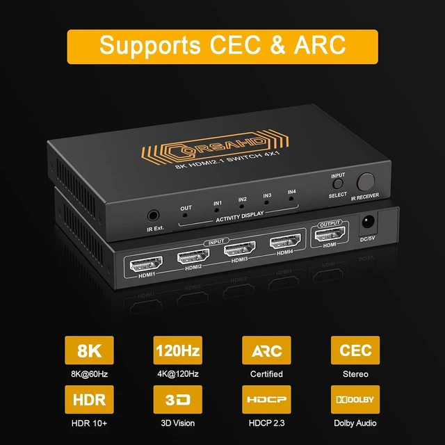 Alt view image 4 of 7 - CORSAHD 8K@60Hz HDMI 2.1 Switch 4x1 4K 120Hz 48Gbps,HDCP 2.3,ARC,VRR,CEC,HDMI Switcher 4 in 1 Out,4 Port HDMI Selector,IR Remote,3D,HDR 10,Dolby Atmos,for TV,PS5,Xbox,Fire Stick,Roku,Blu Ray,Projector