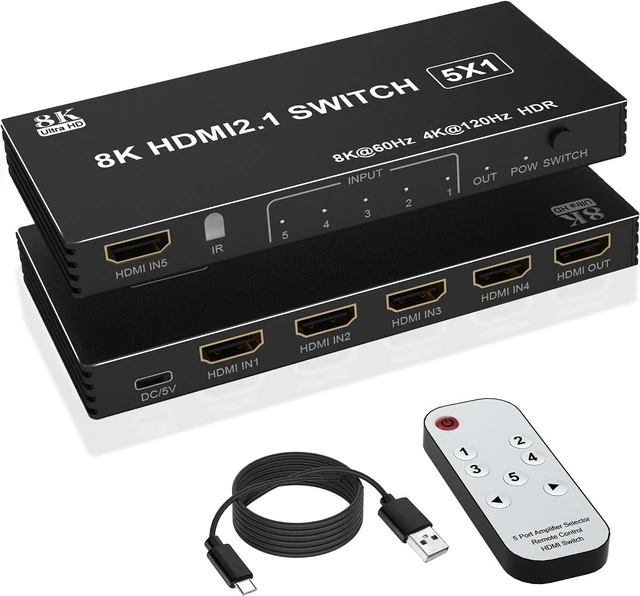 Main image of 8K HDMI Splitter HDMI Switch 4K 120Hz - 5 in 1 Out hdmi switcher 8K 60Hz 4K 120Hz Splitter with Remote 3D HDR10+ HDCP 2.3 CEC, Use for PS5/4/3 Xbox Nintendo Switch DVD Roku Apple TV Fire Stick PC