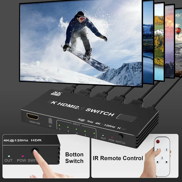 Alt view image 5 of 7 - 8K HDMI Splitter HDMI Switch 4K 120Hz - 5 in 1 Out hdmi switcher 8K 60Hz 4K 120Hz Splitter with Remote 3D HDR10+ HDCP 2.3 CEC, Use for PS5/4/3 Xbox Nintendo Switch DVD Roku Apple TV Fire Stick PC