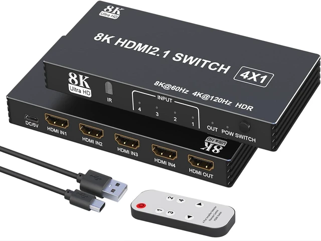 Main image of HDMI Switcher 4 in 1 Out - 4 Port 8K HDMI 2.1 Switch with Remote, Supports 8K@60Hz, 4K@120Hz, HDR10+, VRR, 3D, HDCP2.3 Compatible with PS5, Xbox, Fire Stick, Projector, Monitor HDMI Splitter