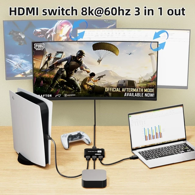 Alt view image 2 of 7 - 8K HDMI 2.1 Switch 3 in 1 Out, 4K 120Hz Switcher 48Gbps High Speed Hub with VRR ALLM Dolby Atmos CEC, 3 Port HDMI Input Selector Adapter for PS5 Game PC Monitor Projector Home Theater