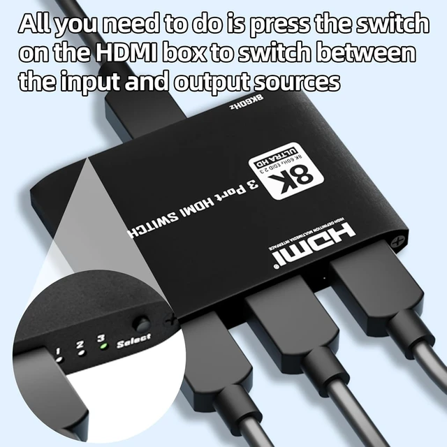 Alt view image 4 of 7 - 8K HDMI 2.1 Switch 3 in 1 Out, 4K 120Hz Switcher 48Gbps High Speed Hub with VRR ALLM Dolby Atmos CEC, 3 Port HDMI Input Selector Adapter for PS5 Game PC Monitor Projector Home Theater