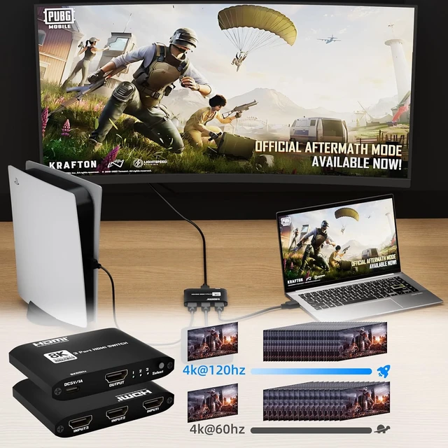 Alt view image 5 of 7 - 8K HDMI 2.1 Switch 3 in 1 Out, 4K 120Hz Switcher 48Gbps High Speed Hub with VRR ALLM Dolby Atmos CEC, 3 Port HDMI Input Selector Adapter for PS5 Game PC Monitor Projector Home Theater