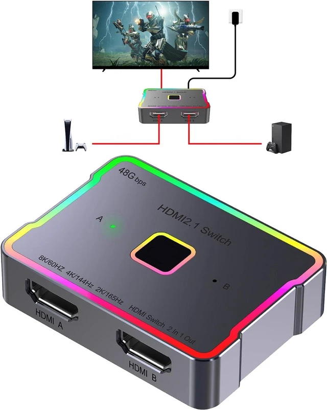 Main image of hdmi Switch 4K 120hz 144hz 240hz Splitter 2 in 1 Out 8K 60hz switcher 2.1 Hub Aluminum hdmi switcher selector for Gaming PS5/PS4,Xbox, Apple TV,roku,Computer,hdr10,Dolby Vision