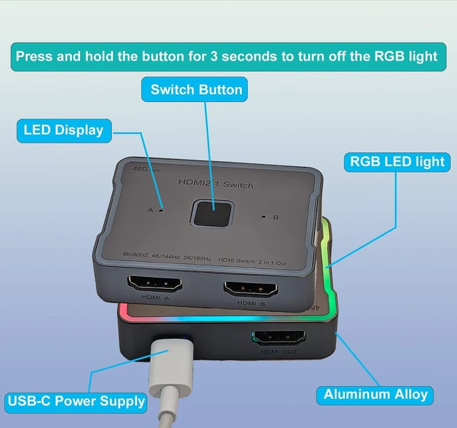 Alt view image 4 of 7 - hdmi Switch 4K 120hz 144hz 240hz Splitter 2 in 1 Out 8K 60hz switcher 2.1 Hub Aluminum hdmi switcher selector for Gaming PS5/PS4,Xbox, Apple TV,roku,Computer,hdr10,Dolby Vision
