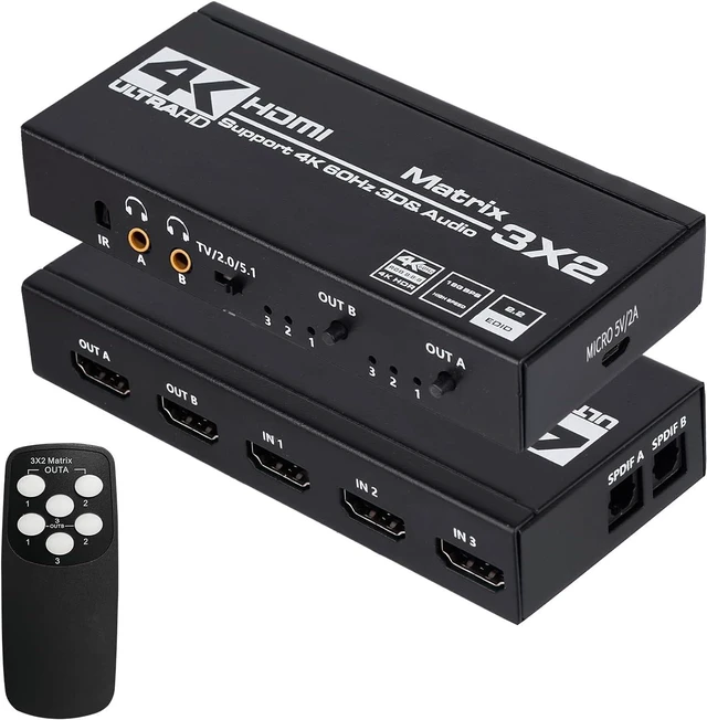Main image of HDMI Matrix 3x2, 4K HDMI Matrix Switch 3 in 2 Out Switcher Splitter Box with EDID Extractor and IR Remote Control, Support Ultra 4K HDR, 4Kx2K@60Hz, 3D/1080PHDMI 2.0b, HDCP 2.2