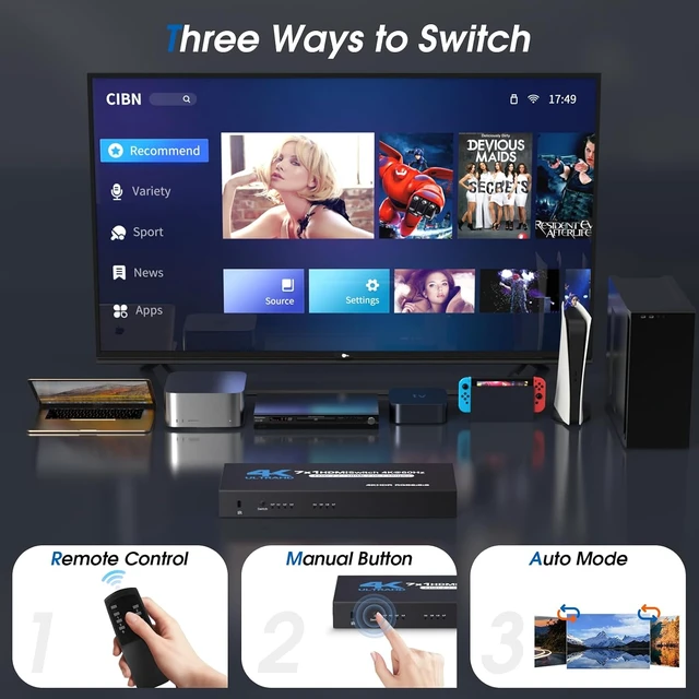 Alt view image 4 of 7 - HDMI Switch 7 in 1 Out, 4K60Hz HDMI Switcher with Remote, H-DMI Selector Box Support UltraHD Dolby HDR10 2.0 HDCP 2.2 3D, HD-MI Splitter Compatible with Xbox PS5/4/3 Blu-Ray Player Fire Stick