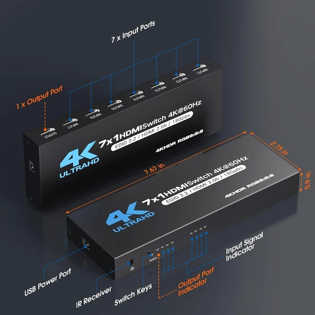 Alt view image 7 of 7 - HDMI Switch 7 in 1 Out, 4K60Hz HDMI Switcher with Remote, H-DMI Selector Box Support UltraHD Dolby HDR10 2.0 HDCP 2.2 3D, HD-MI Splitter Compatible with Xbox PS5/4/3 Blu-Ray Player Fire Stick