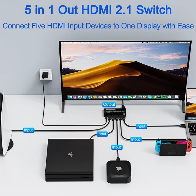Alt view image 3 of 7 - 8K HDMI Switch 5 in 1 Out, Hdmi Splitter with Remote 5 Port Switcher Selector Box Support 3D//HDR/HDCP2.3, HDMI 2.1 Switch Box Compatible with PS 5/4/3 Xbox Switch DVD Player TV PC