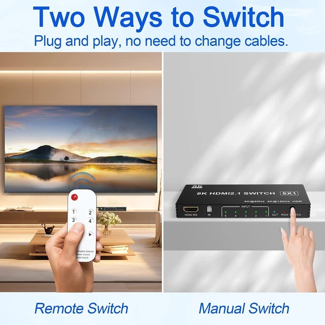 Alt view image 7 of 7 - 8K HDMI Switch 5 in 1 Out, Hdmi Splitter with Remote 5 Port Switcher Selector Box Support 3D//HDR/HDCP2.3, HDMI 2.1 Switch Box Compatible with PS 5/4/3 Xbox Switch DVD Player TV PC