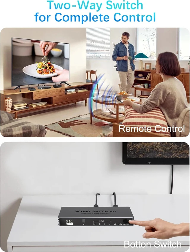 Alt view image 3 of 7 - HDMI Switcher 4 in 1 Out - New Upgrade 8K@60Hz 4K@240Hz/144Hz/120Hz HDMI Switch with Remote Support HDCP2.3/HDR10, for PS5/PS4 Xbox Nintendo Roku Apple TV Fire Stick 8K HDMI2.1 Splitter