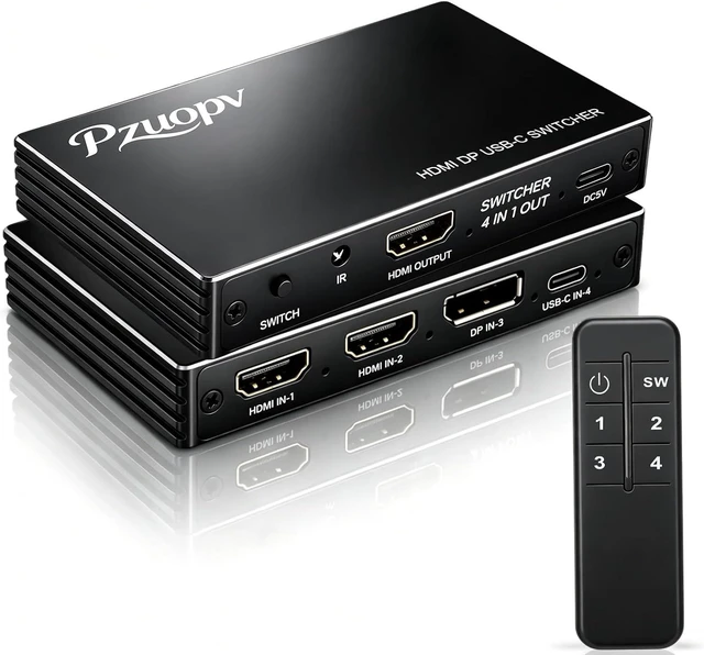 Main image of 4 in 1 HDMI Switcher, 2×HDMI + DP + USB-C Input to HDMI Output Switch with IR Remote, 4K@60Hz Multi-Source Video Switch for PS5/PS4/Switch/Xbox/Laptop/Blue-ray Player to TV Monitor