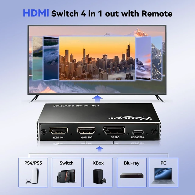 Alt view image 2 of 7 - 4 in 1 HDMI Switcher, 2×HDMI + DP + USB-C Input to HDMI Output Switch with IR Remote, 4K@60Hz Multi-Source Video Switch for PS5/PS4/Switch/Xbox/Laptop/Blue-ray Player to TV Monitor