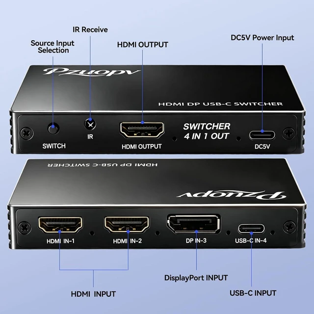Alt view image 3 of 7 - 4 in 1 HDMI Switcher, 2×HDMI + DP + USB-C Input to HDMI Output Switch with IR Remote, 4K@60Hz Multi-Source Video Switch for PS5/PS4/Switch/Xbox/Laptop/Blue-ray Player to TV Monitor