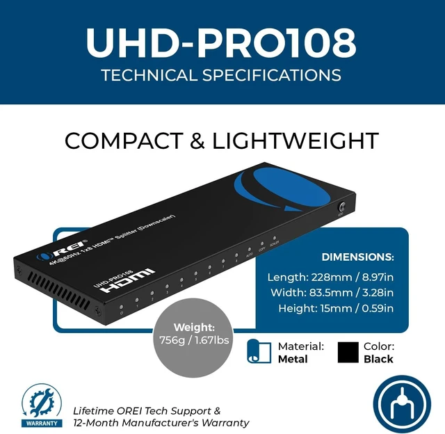 Alt view image 5 of 7 - OREI 4K 1 in 8 Out HDMI Splitter - 8-bit, HDMI 2.0, HDCP 2.2, 18 Gbps