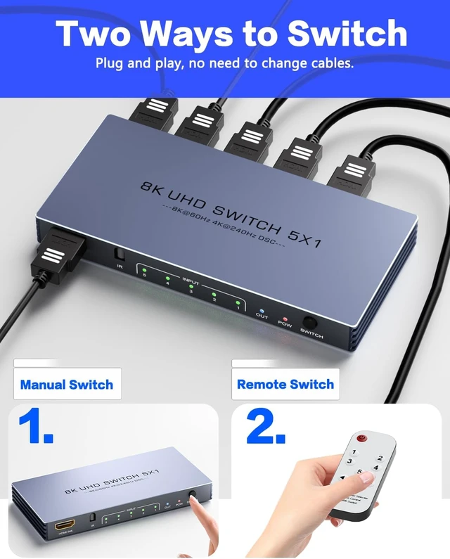 Alt view image 5 of 6 - HDMI Switch 4K 240Hz - New Upgrade 5 in 1 Out 8K@60Hz 4K@240Hz HDMI Switch with Remote Support 3D/HDR/HDCP2.3, Compatible with PS5/4 Xbox Roku Apple TV Fire Stick 8k HDMI2.1 Switcher