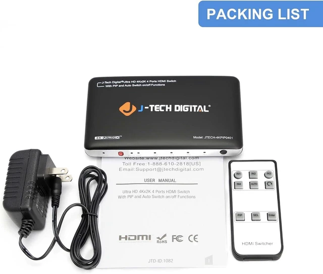 Alt view image 5 of 5 - J-Tech Digital 4K x 2K 4-Port HDMI Switch with PIP, IR Wireless Remote Control, and Auto Switch ON/Off Functions HDMI Switcher Hub Port Switches